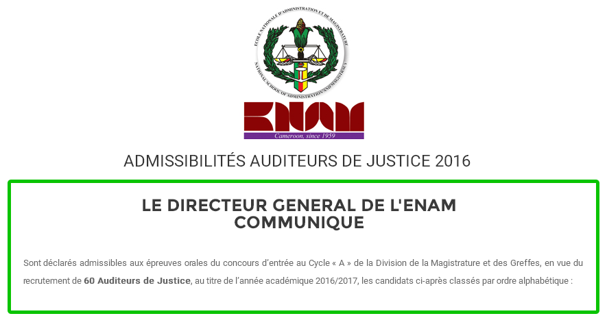 Admissibilités Auditeurs de justice de l'Enam en 2016